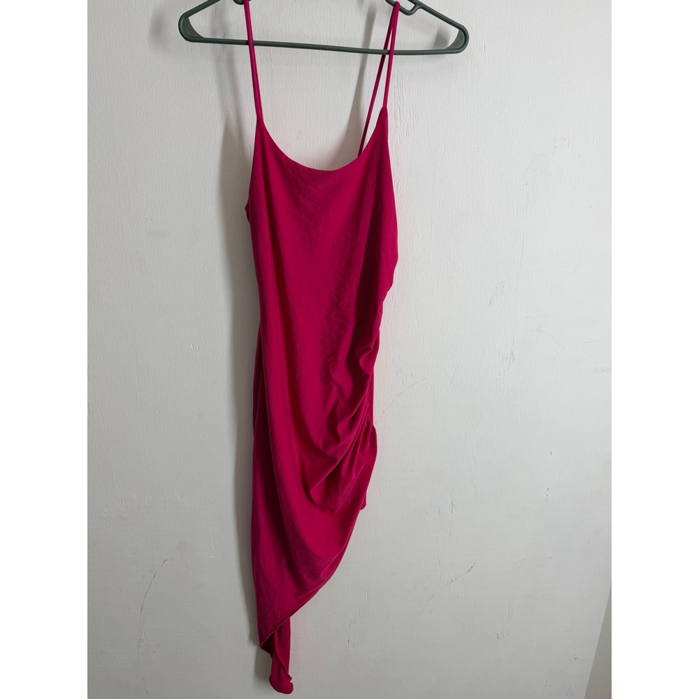 Rue 21 Hot Pink Ruched Asymmetrical Bodycon Dress Small Spaghetti Strap Magenta